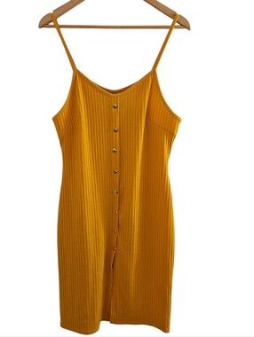 LU NYC Women's Yellow Ribbed Dress Faux Front Button and Front Split Dress XL